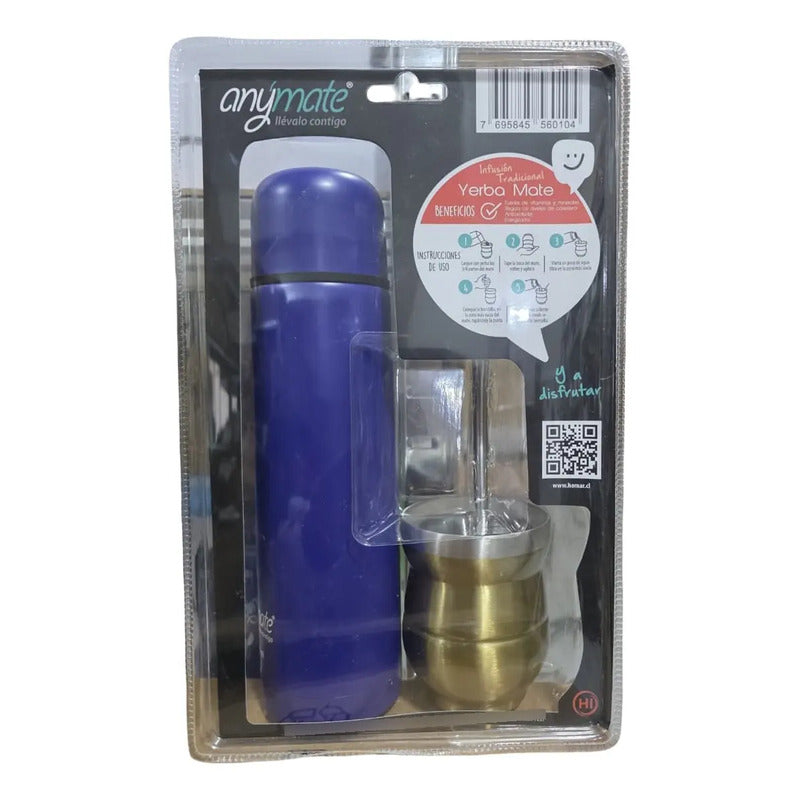 Set De Mate Anymate Termo Bala 500ml + Mate 140ml Azul