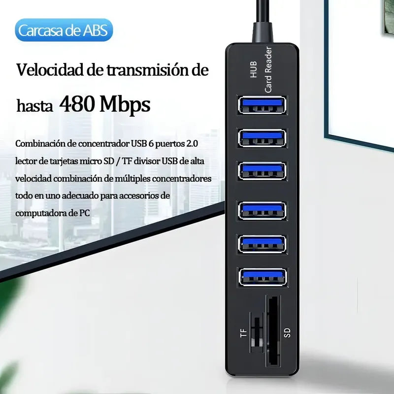 Hub 6 Puertos Multi Usb 3.0 Adaptador Con Lector Tarjeta Sd Negro
