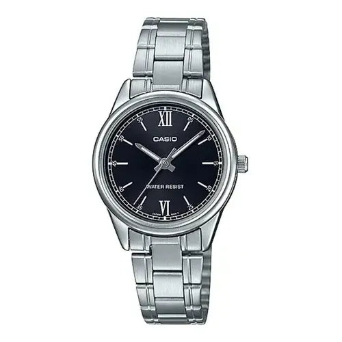 Reloj Casio Dress Ltp-v005d-1b2 Dama, Acero Inoxidable, Color Del Fondo Negro Con Numeros Romanos, Color De La Correa Plateado, Color Del Bisel Plateado.