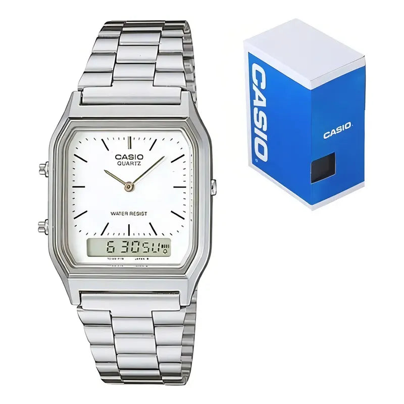 Reloj Casio Hombre Aq-230a-7d Wr Agente Oficial Caba Plateado Blanco