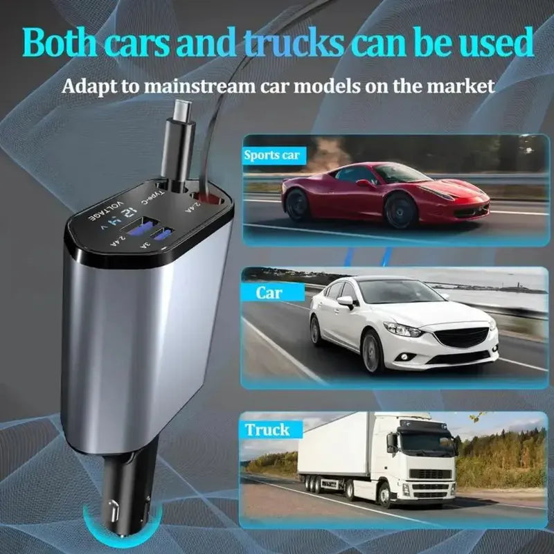 Cargador Para Automóvil Carga Rápida Cables Retráctiles Negro