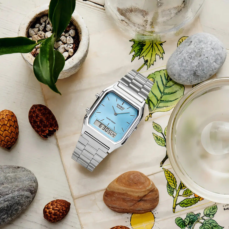 Reloj Casio Vintage Digital De Cuarzo Con Cronógrafo Y Malla De Acero Inoxidable Plateado Celeste