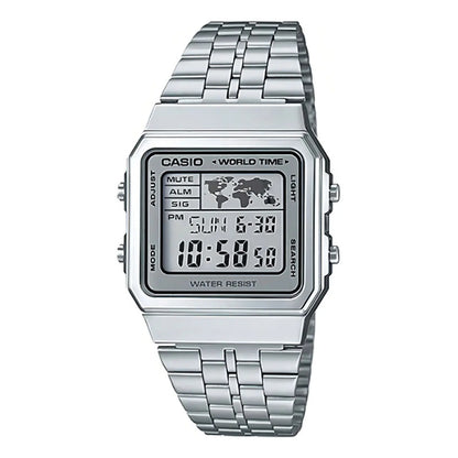 Reloj De Pulsera Digital Casio A-500wa-7d Con Correa De Acero Inoxidable De Color Plateado, Fondo Blanco/gris