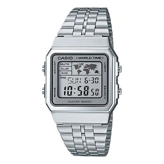 Reloj De Pulsera Digital Casio A-500wa-7d Con Correa De Acero Inoxidable De Color Plateado, Fondo Blanco/gris
