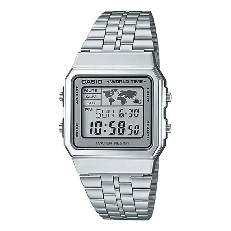 Reloj De Pulsera Digital Casio A-500wa-7d Con Correa De Acero Inoxidable De Color Plateado, Fondo Blanco/gris