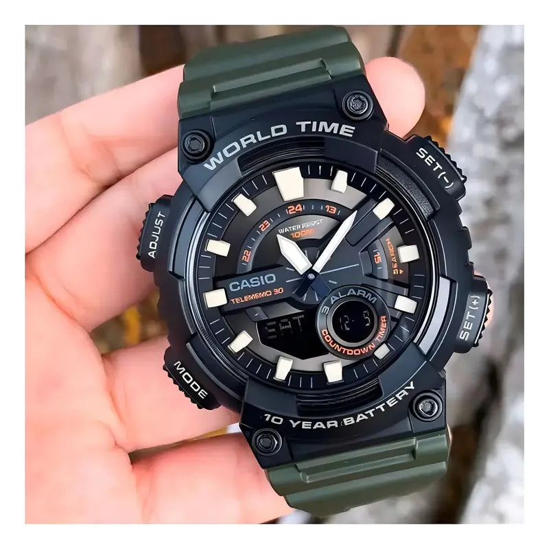 Reloj Casio Aeq-110w-3avdf Para Hombre, Color Verde Estándar, Color Verde Oscuro