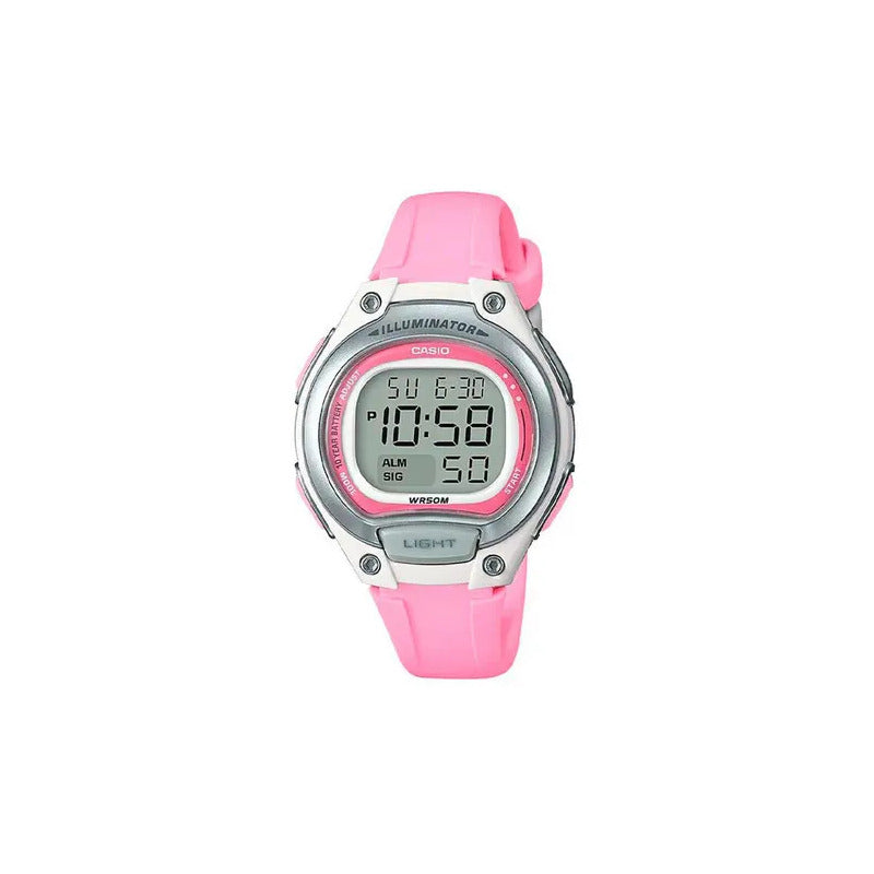 Reloj Mujer Casio Lw-203-4a Rosado Digital / Correa Rosa Bisel Blanco Fondo Rosa Plata Relojes De Muñeca