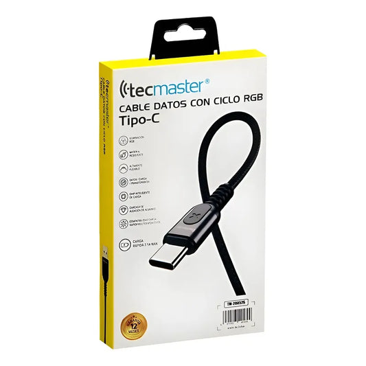 Cable Datos Usb Tipo C Con Ciclo Rgb Tecmaster Tm-200526 Negro