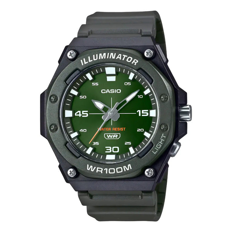 Reloj Casio Illuminator Analógico Para Hombre, Con Alarma Y Retroiluminación Negro Verde Oscuro