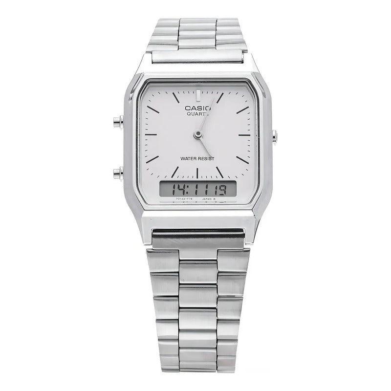 Reloj Casio Hombre Aq-230a-7d Wr Agente Oficial Caba Plateado Blanco