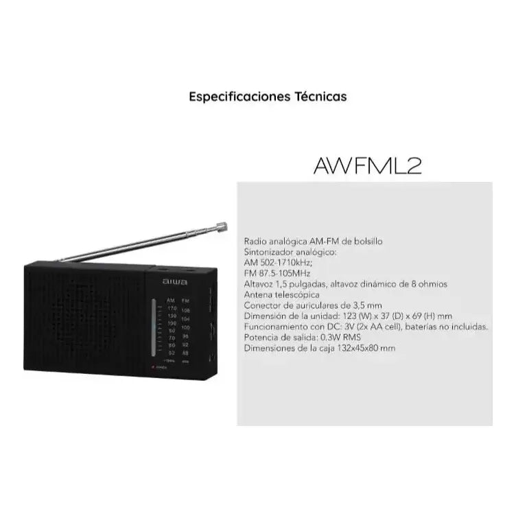 Radio Aiwa Awfml2 Am-fm Análogo Portátil Conector 3.5 Mm Negro