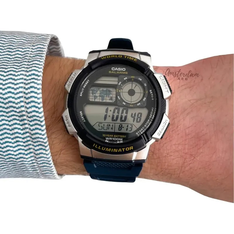 Reloj Casio Hombre Mod Ae-1000w Sumergible Malla Azul 2a Bisel Azul Fondo Negro