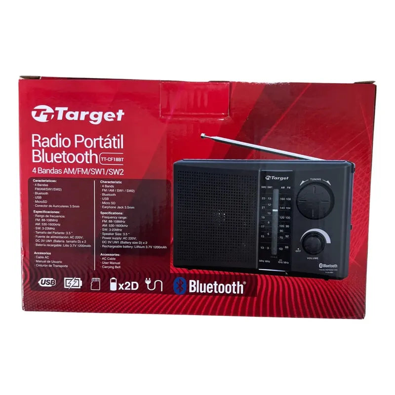 Radio Target Portátil Bluetooth/usb/4 Bandas Am/fm/sw1/sw2 Negro
