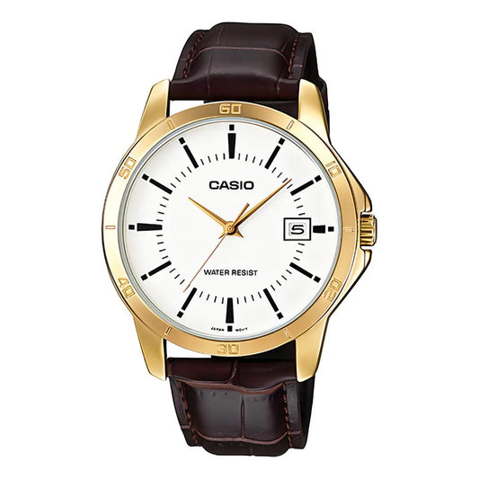 Reloj Pulsera Casio Mtp-v004gl-7a Con Correa De Cuero Color Marrón Fondo Blanco Bisel Dorado