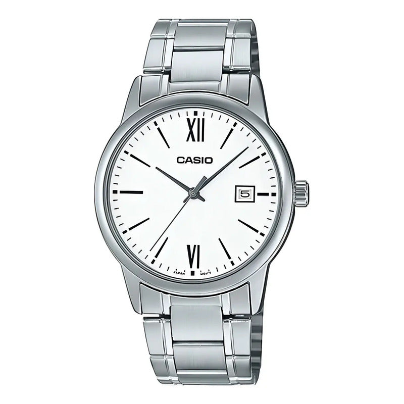 Reloj Pulsera Casio Mtp-v002d-7b3 Con Correa De Acero Inoxidable Color Gris - Fondo Blanco