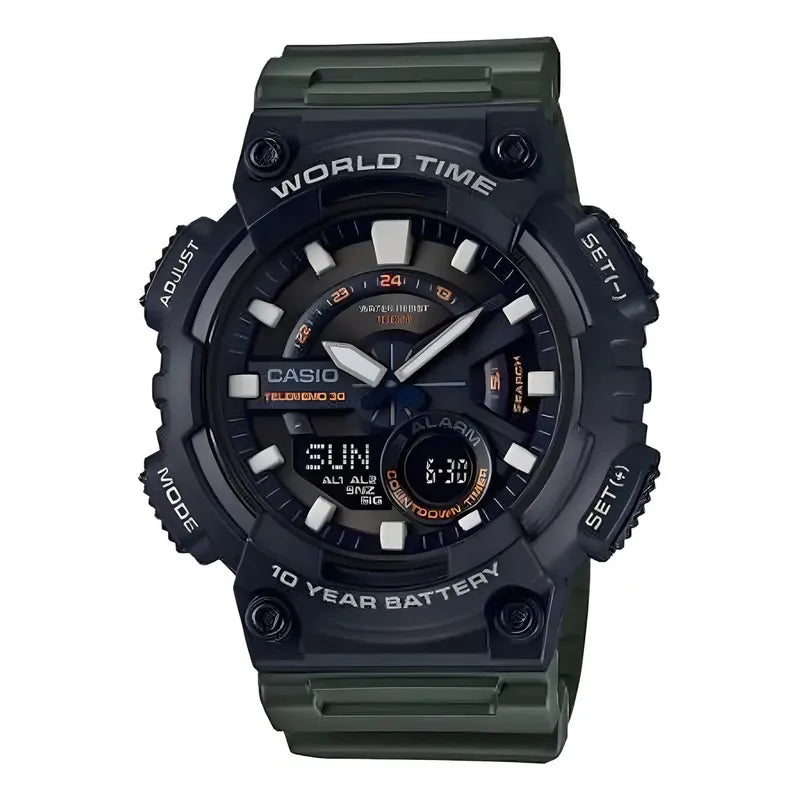 Reloj Casio Aeq-110w-3avdf Para Hombre, Color Verde Estándar, Color Verde Oscuro