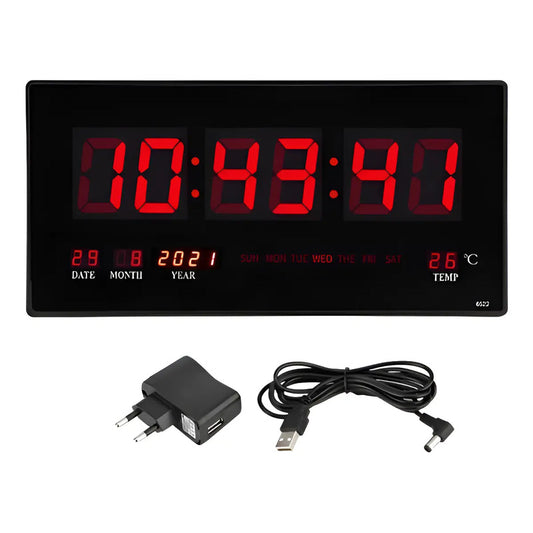 Reloj Digital Pared Luz Led Hora Fecha Temperatura 36x15cm Color De La Estructura Negro Color Del Fondo Negro