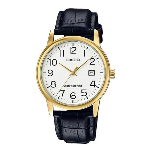 Reloj Pulsera Casio Mtp-v002gl-7b2u Con Correa De Cuero Color Negro - Fondo Blanco - Bisel Dorado