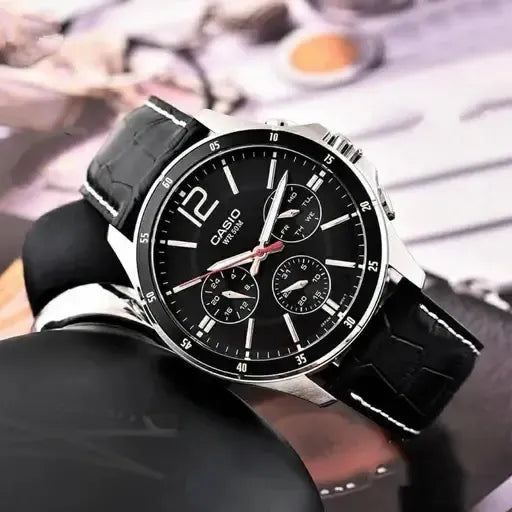 Reloj Casio Mtp-1374l-1a Hombre Multifuncion Acero Cuero 50m Wr Negro