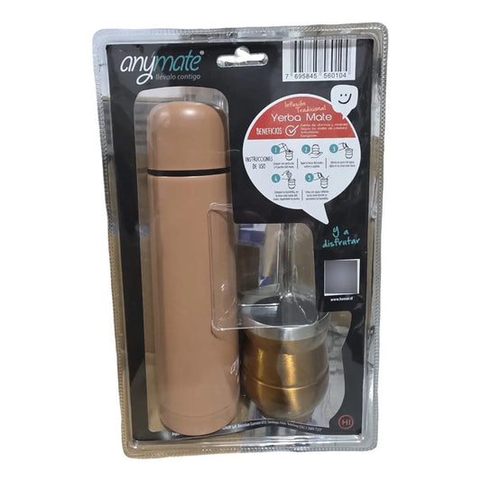 Set De Mate Anymate Termo Bala 500ml + Mate 140ml Marrón