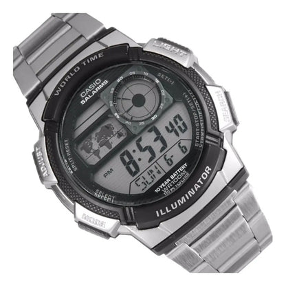 Reloj Pulsera Digital Casio Ae-1000wd-1avdf Con Correa De Acero Inoxidable Color Plateado - Fondo Negro