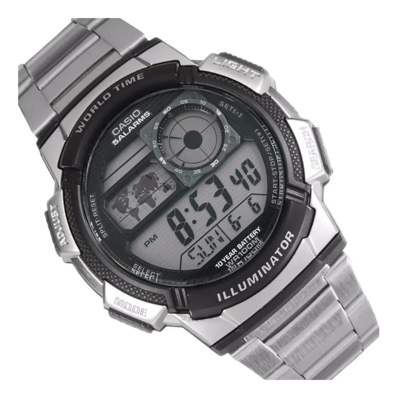Reloj Pulsera Digital Casio Ae-1000wd-1avdf Con Correa De Acero Inoxidable Color Plateado - Fondo Negro