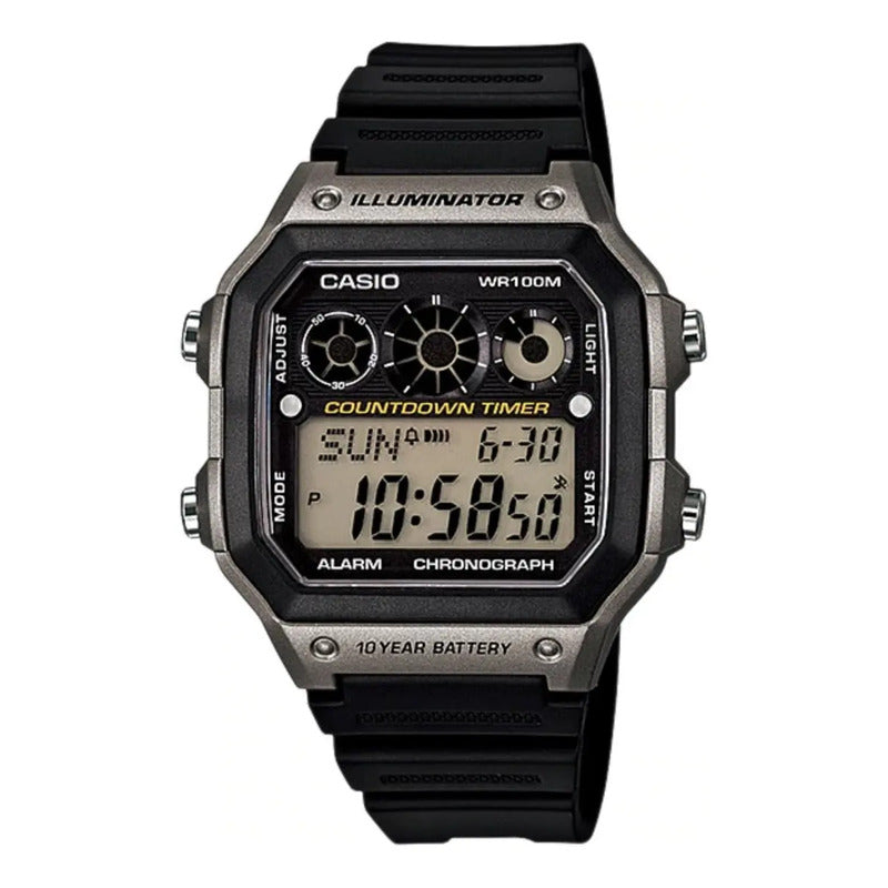 Reloj Casio Ae1300 29 Zonas Horarias 9 Temporizadores Correa Gris Oscuro Bisel Rojo/negro Fondo Negro