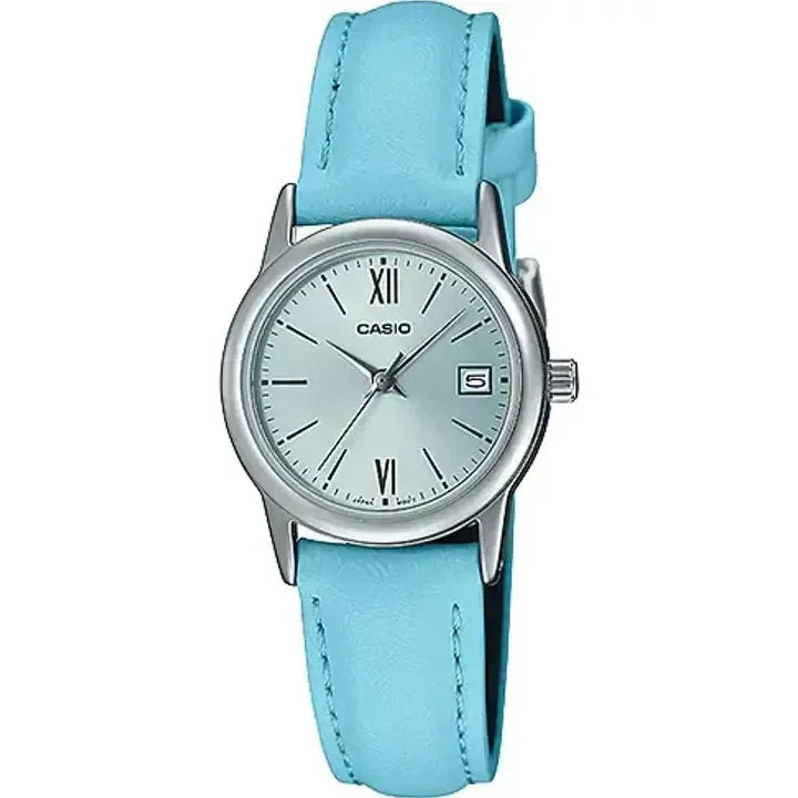 Reloj Casio Dama Ltp-v002l-2b3 De Cuero Azul Resistente Al Agua Plateado
