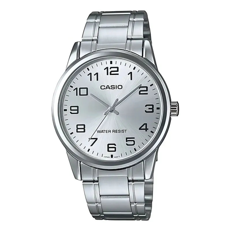 Reloj Pulsera Casio Mtp-v001d-1budf Con Correa De Acero Inoxidable Color Plateado - Fondo Negro