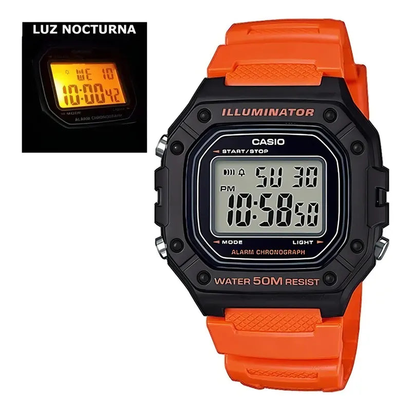 Reloj Casio Youth W-218h-3av Hombre,correa Naranja Bisel Neg Naranja Negro Gris
