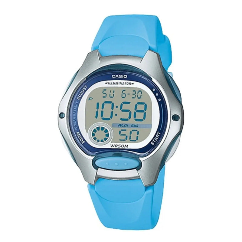 Reloj Pulsera Digital Casio Lw-200-2b Con Correa De Resina Color Celeste - Fondo Gris - Bisel Plateado