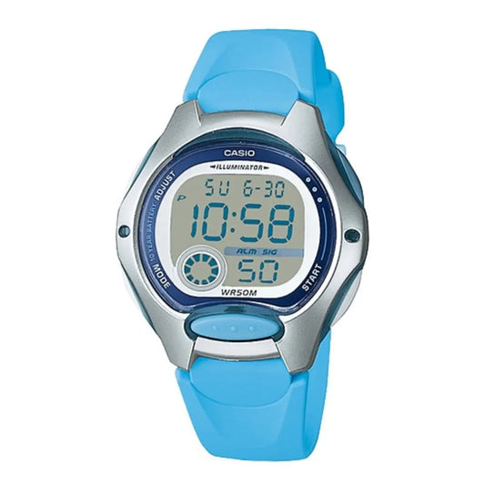 Reloj Pulsera Digital Casio Lw-200-2b Con Correa De Resina Color Celeste - Fondo Gris - Bisel Plateado