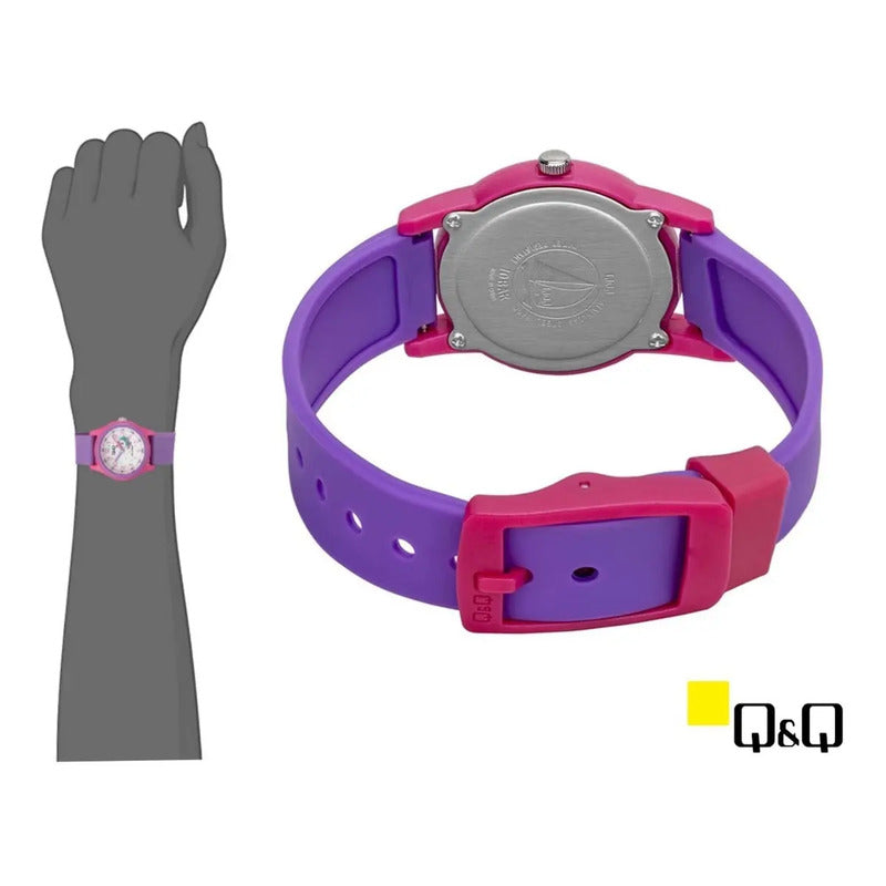 Reloj Q&q Niña Unicornio Números Y Manecillas Morado Rosa Blanco