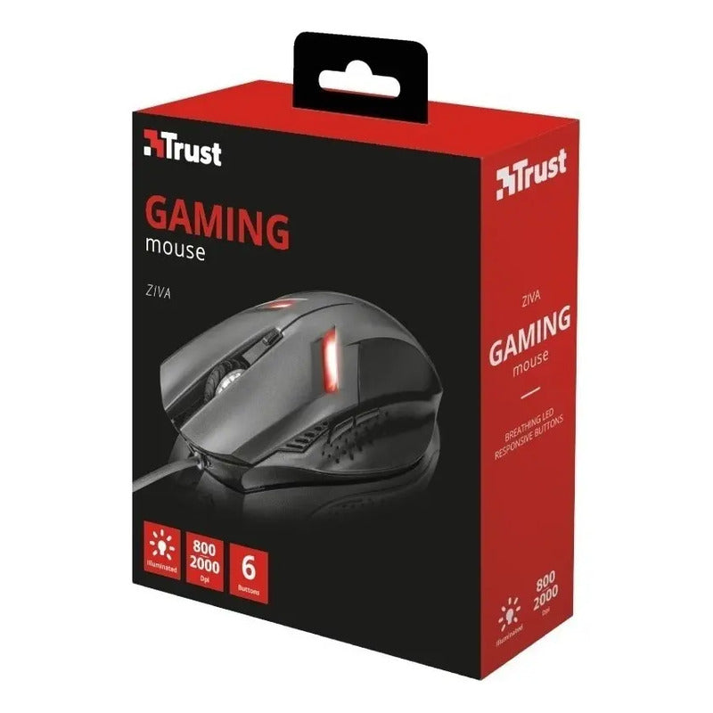 Mouse Gamer Trust Ziva Led Iluminado 6 Botones 2000 Dpi Color Negro