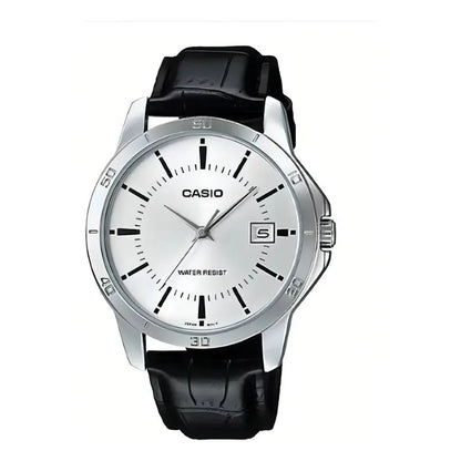 Reloj Pulsera Casio Mtp-v004l-7a Con Correa De Cuero Color Negro - Fondo Blanco - Bisel Plata