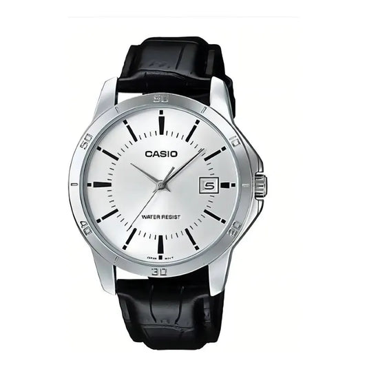 Reloj Pulsera Casio Mtp-v004l-7a Con Correa De Cuero Color Negro - Fondo Blanco - Bisel Plata
