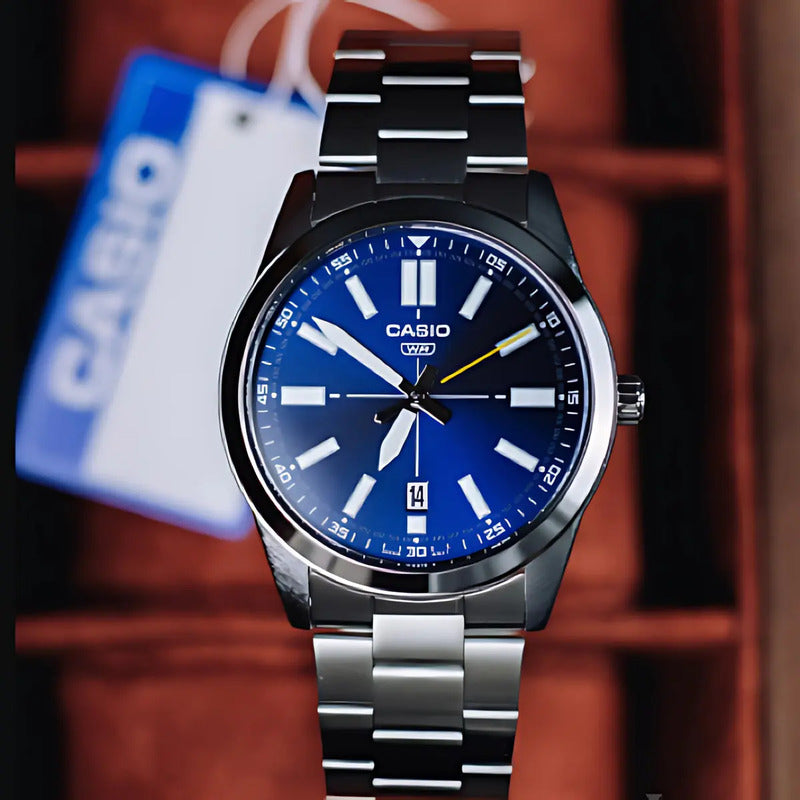 Reloj Casio Mtp-1335d Para Hombre Con Correa De Acero Plateado Y Fondo Azul
