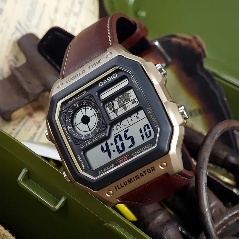 Casio Reloj Hombre Sumergible Ae-1200whl-5 Malla Cuero Marrón Dorado Oscuro Gris