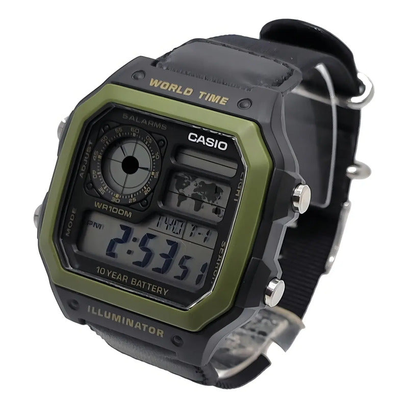 Reloj Pulsera Digital Casio Ae-1200whb-1b Con Correa De Tela Color Negro - Bisel Verde