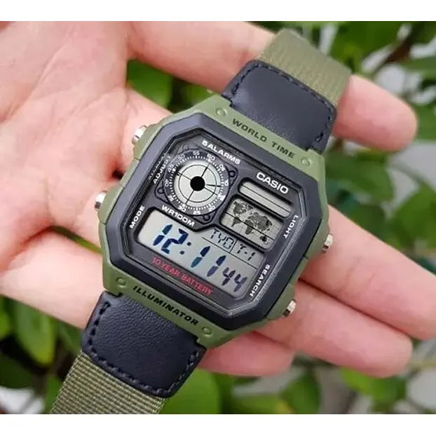 Reloj Pulsera Digital Casio Ae-1200whb-3b Con Correa De Tela Color Negro/verde - Fondo Negro