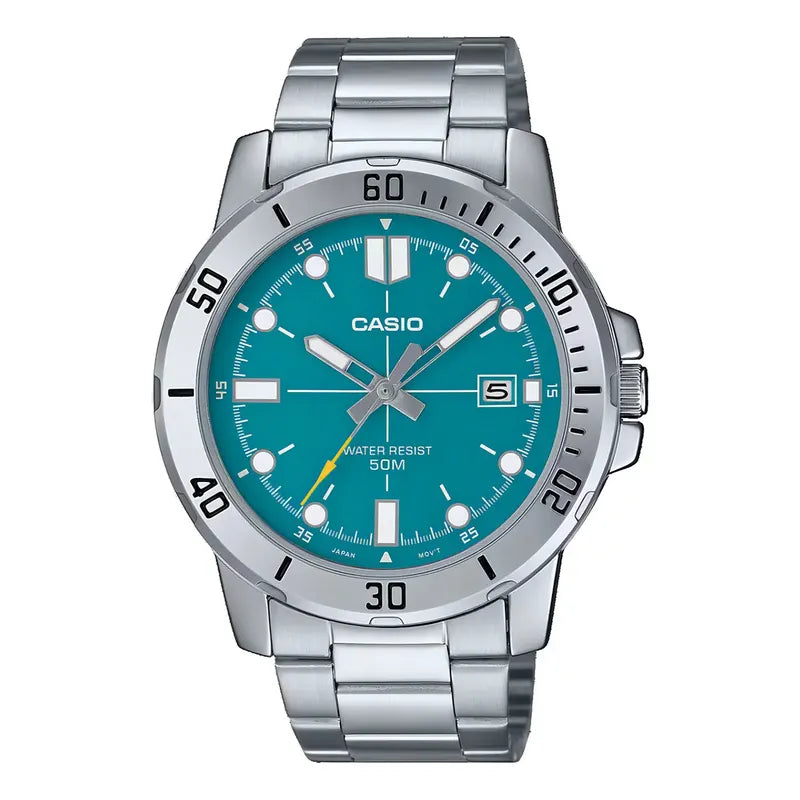 Reloj Casio Mtp-vd01d-3e2 Para Hombre, De Acero Inoxidable Y Bisel Azul Plateado