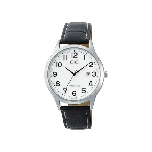 Reloj Q&q A44a-004py De Cuarzo Con Correa De Cuero Negra Para Adultos Negro Plateado Blanco