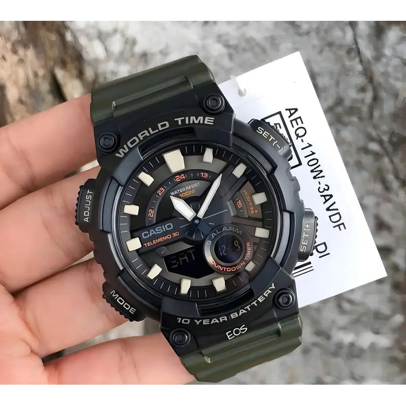 Reloj Casio Aeq-110w-3avdf Para Hombre, Color Verde Estándar, Color Verde Oscuro