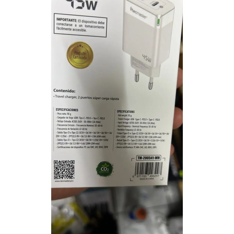 Cargador Rápido Tecmaster 45w Dual Usb-c Pd3.0 Qc3.0 Blanco