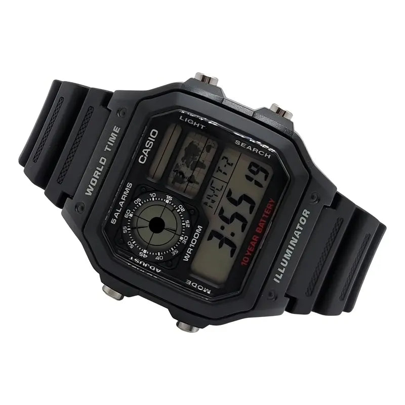 Reloj Pulsera Digital Casio Ae-1200wh-1a Con Correa De Resina Color Negro - Fondo Gris
