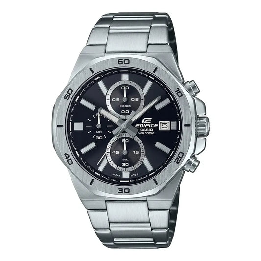 Reloj Casio Edifice Cronógrafo Para Hombre Con Fondo Negro Y Correa De Acero Inoxidable Plateado