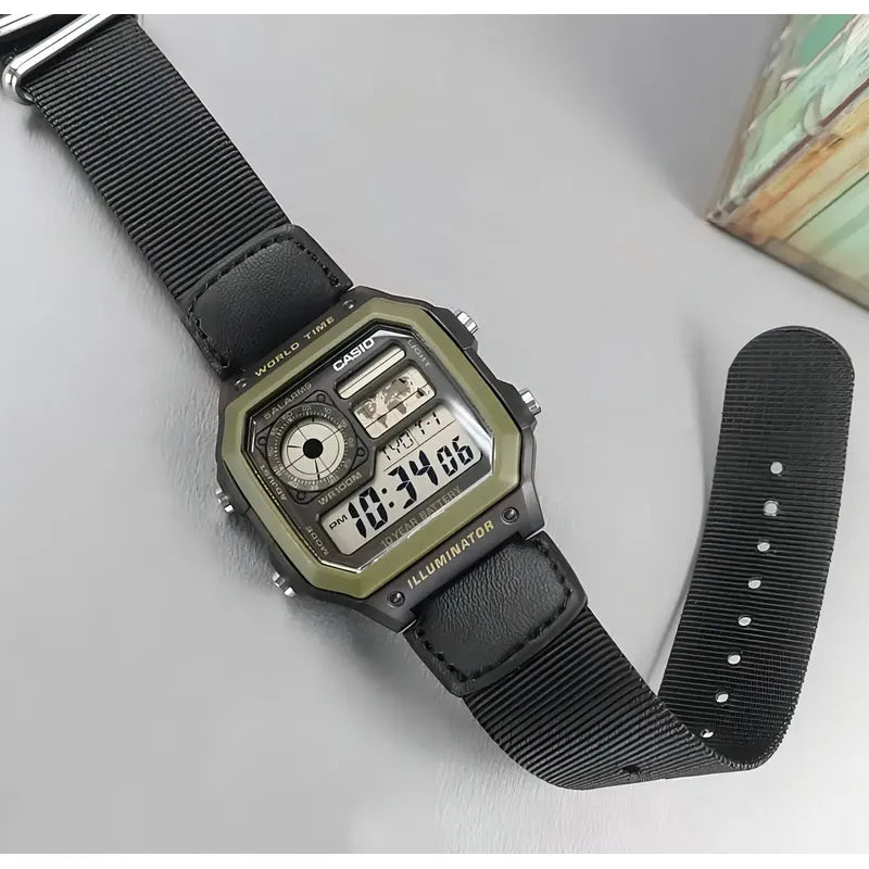 Reloj Pulsera Digital Casio Ae-1200whb-1b Con Correa De Tela Color Negro - Bisel Verde