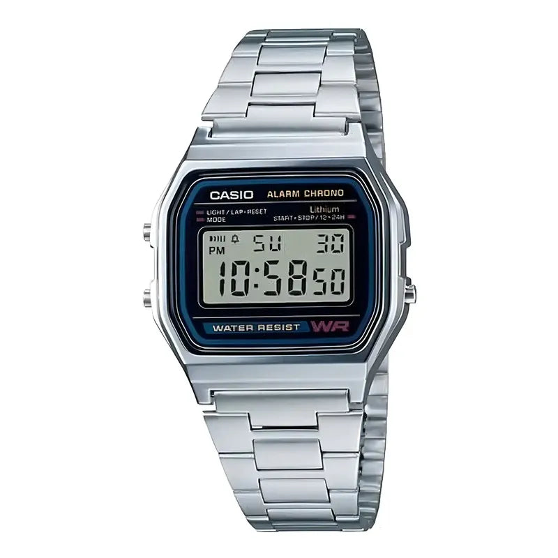 Reloj Retro Casio A158wa-1 Relojesymas Correa Plateado Bisel Plateado Fondo Gris