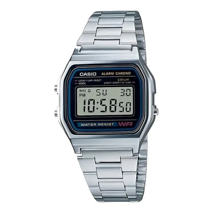 Reloj Retro Casio A158wa-1 Relojesymas Correa Plateado Bisel Plateado Fondo Gris
