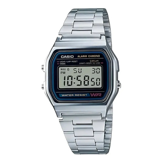Reloj Retro Casio A158wa-1 Relojesymas Correa Plateado Bisel Plateado Fondo Gris